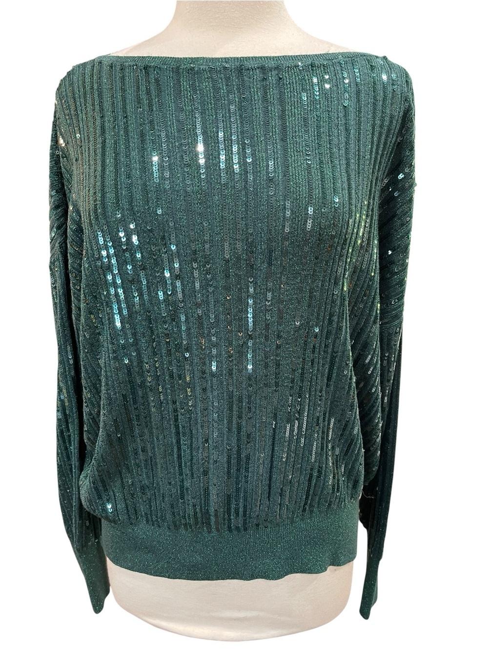 Chico’s Sequined Dolman Sleeve Long Sleeve Lightweight Sweater SZ L Green